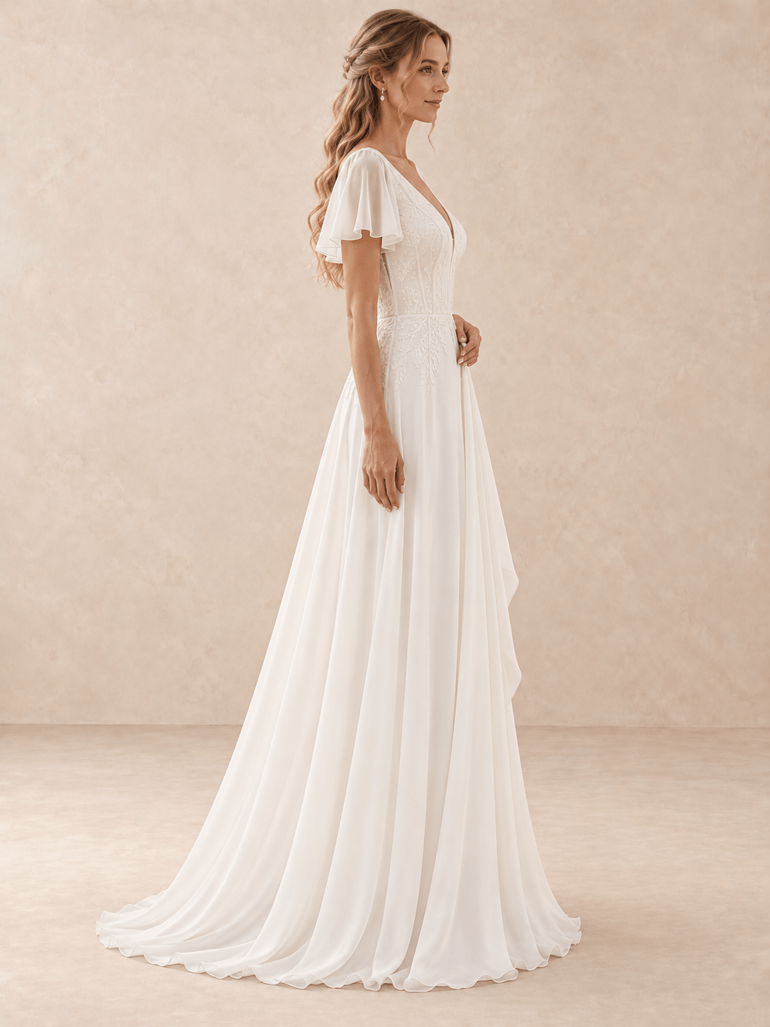 V-Neck Flutter Sleeve Embroidered Lace A-Line Chiffon Wedding Dress