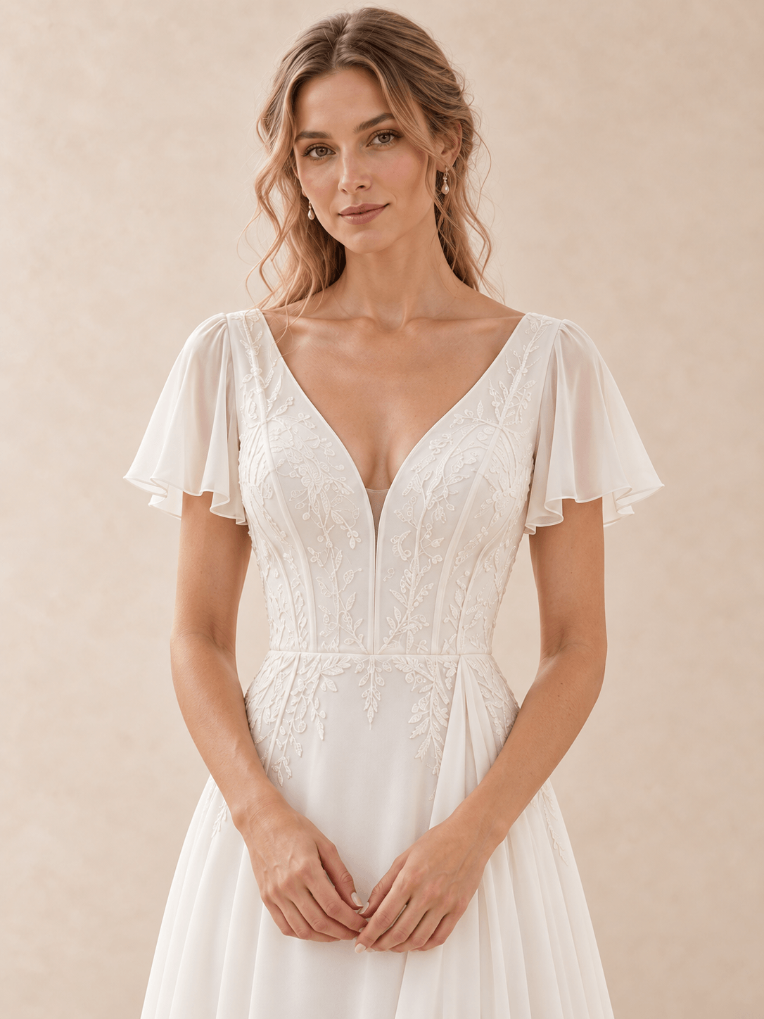 V-Neck Flutter Sleeve Embroidered Lace A-Line Chiffon Wedding Dress