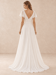 V-Neck Flutter Sleeve Embroidered Lace A-Line Chiffon Wedding Dress