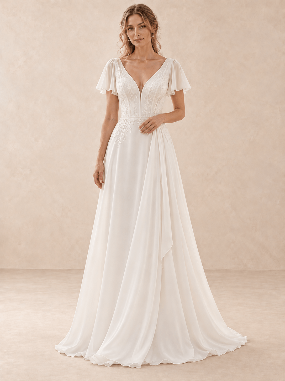V-Neck Flutter Sleeve Embroidered Lace A-Line Chiffon Wedding Dress