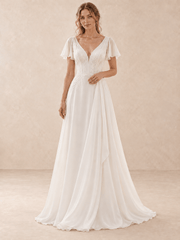 V-Neck Flutter Sleeve Embroidered Lace A-Line Chiffon Wedding Dress