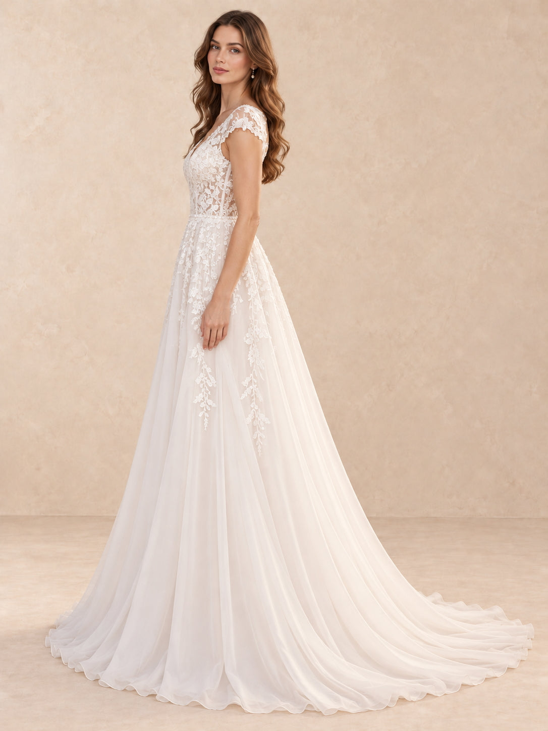 V-Neck Lace A-Line Wedding Dress with Cap Sleeves