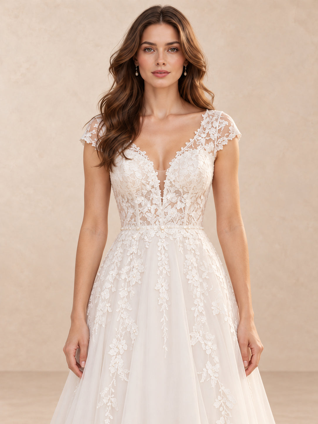 V-Neck Lace A-Line Wedding Dress with Cap Sleeves