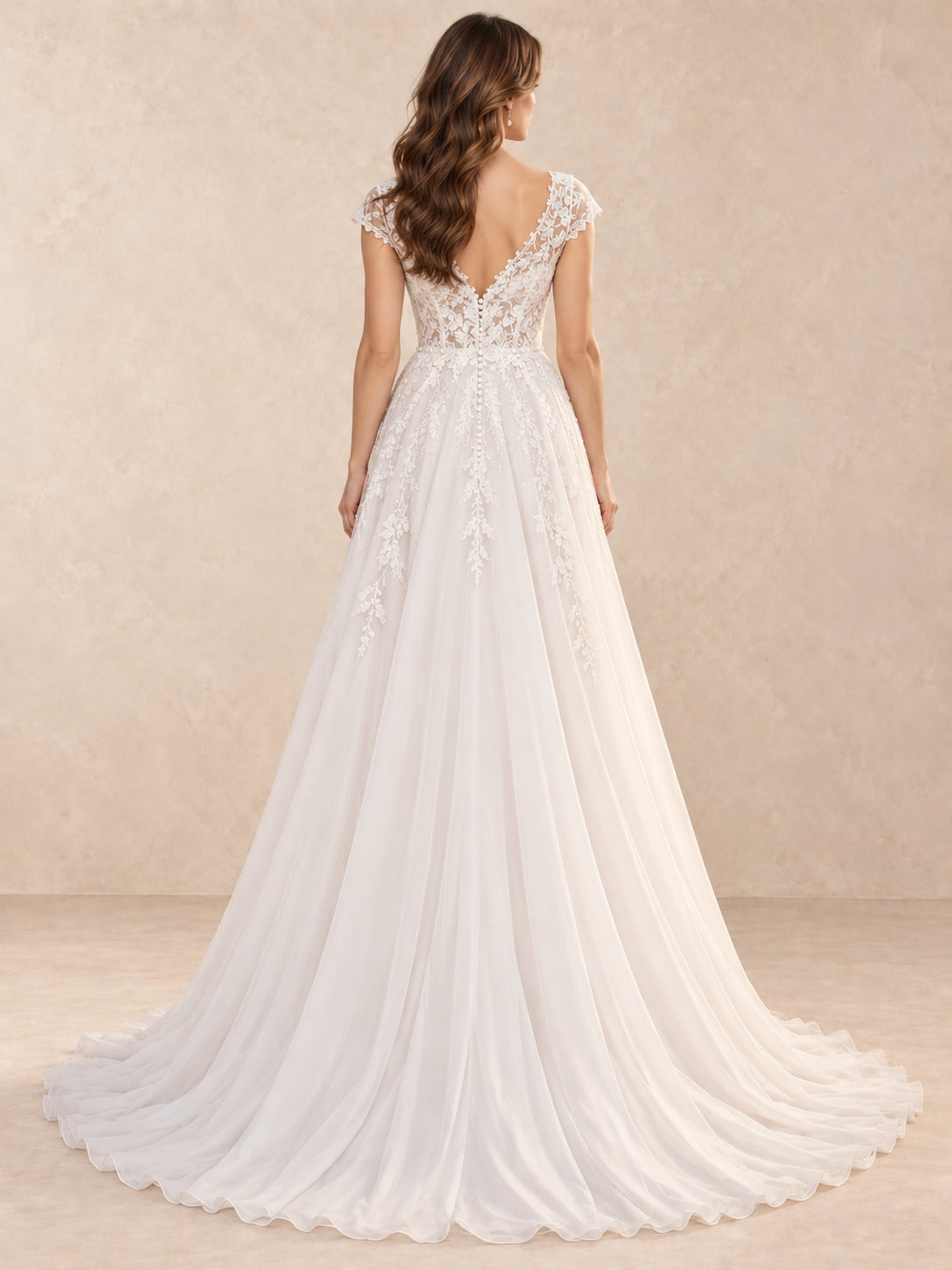 V-Neck Lace A-Line Wedding Dress with Cap Sleeves