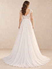 V-Neck Lace A-Line Wedding Dress with Cap Sleeves