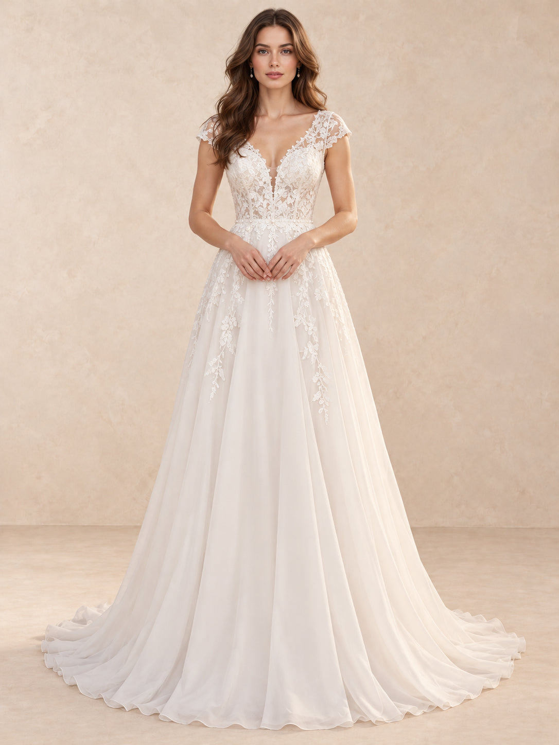 V-Neck Lace A-Line Wedding Dress with Cap Sleeves