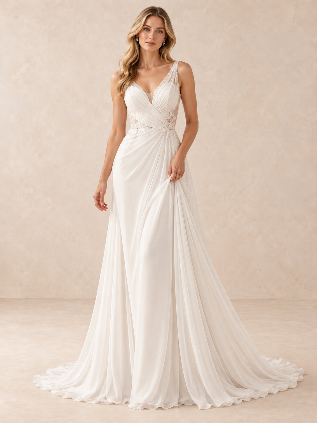 V-Neck Lace Appliqué Chiffon A-Line Wedding Dress With Sweep Train