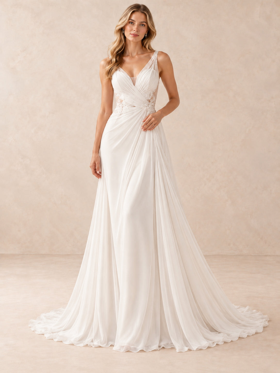 V-Neck Lace Appliqué Chiffon A-Line Wedding Dress With Sweep Train