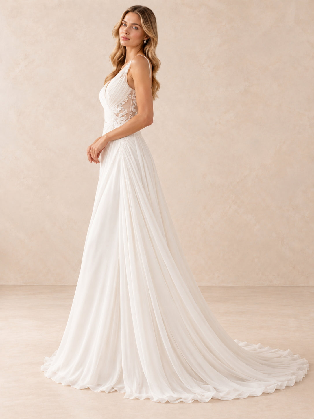 V-Neck Lace Appliqué Chiffon A-Line Wedding Dress With Sweep Train