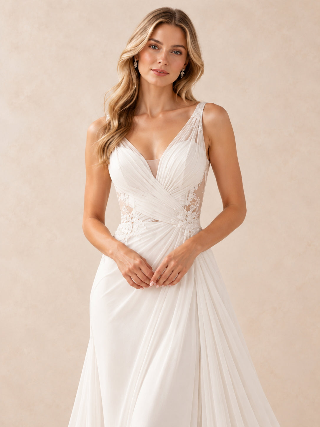 V-Neck Lace Appliqué Chiffon A-Line Wedding Dress With Sweep Train