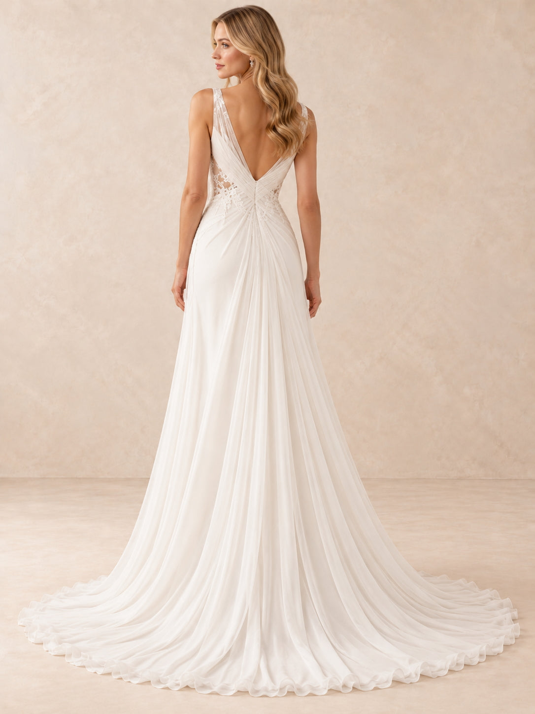 V-Neck Lace Appliqué Chiffon A-Line Wedding Dress With Sweep Train