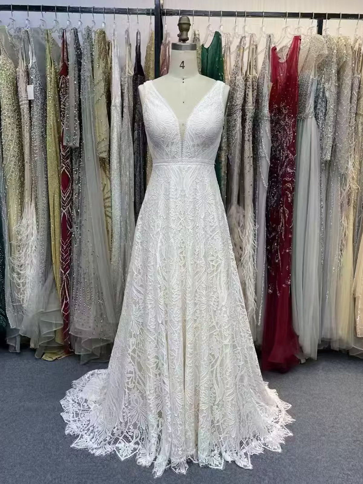 V-Neck Lace Fit-and-Flare Wedding Dress with Open Back and Chapel Train
