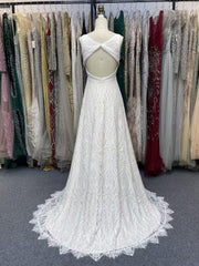 V-Neck Lace Fit-and-Flare Wedding Dress with Open Back and Chapel Train