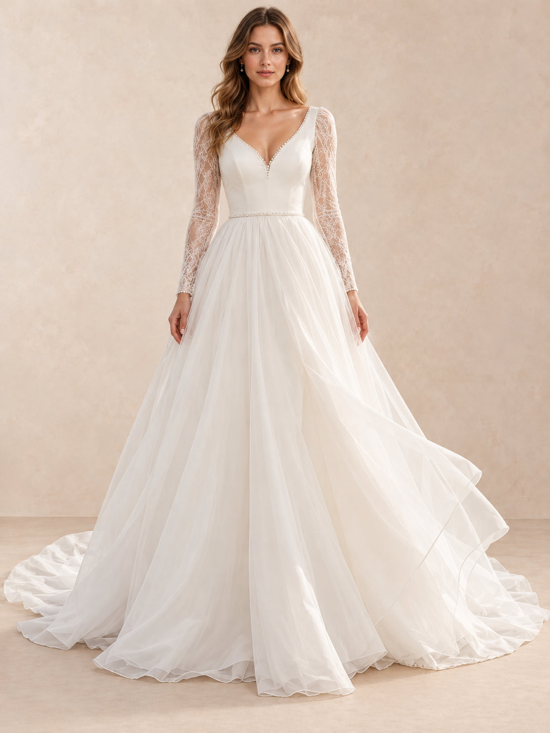 V-Neck Long Lace Sleeves A-Line Wedding Dress With Pearl-Accent