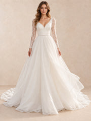 V-Neck Long Lace Sleeves A-Line Wedding Dress With Pearl-Accent