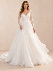 V-Neck Long Lace Sleeves A-Line Wedding Dress With Pearl-Accent