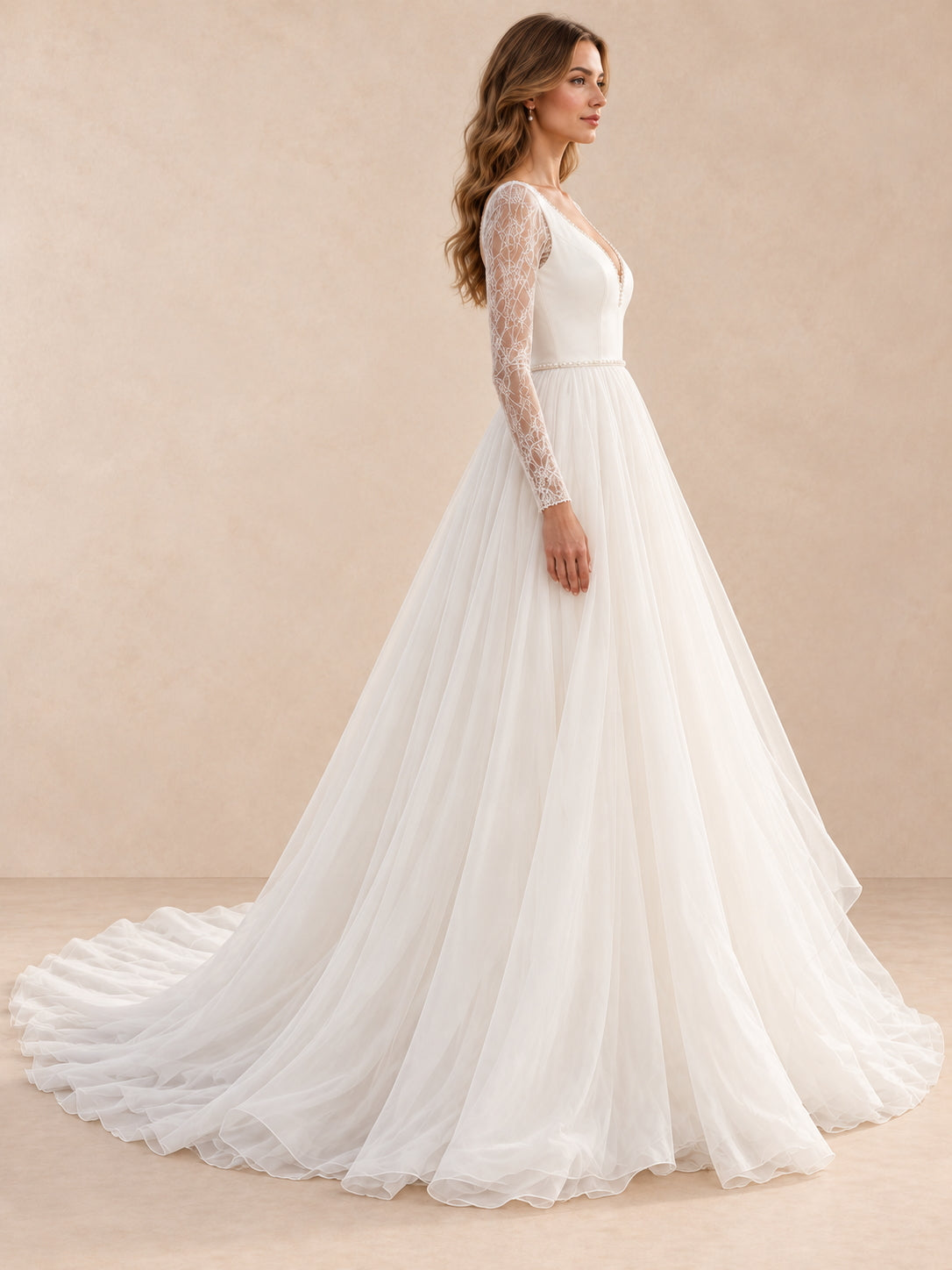 V-Neck Long Lace Sleeves A-Line Wedding Dress With Pearl-Accent
