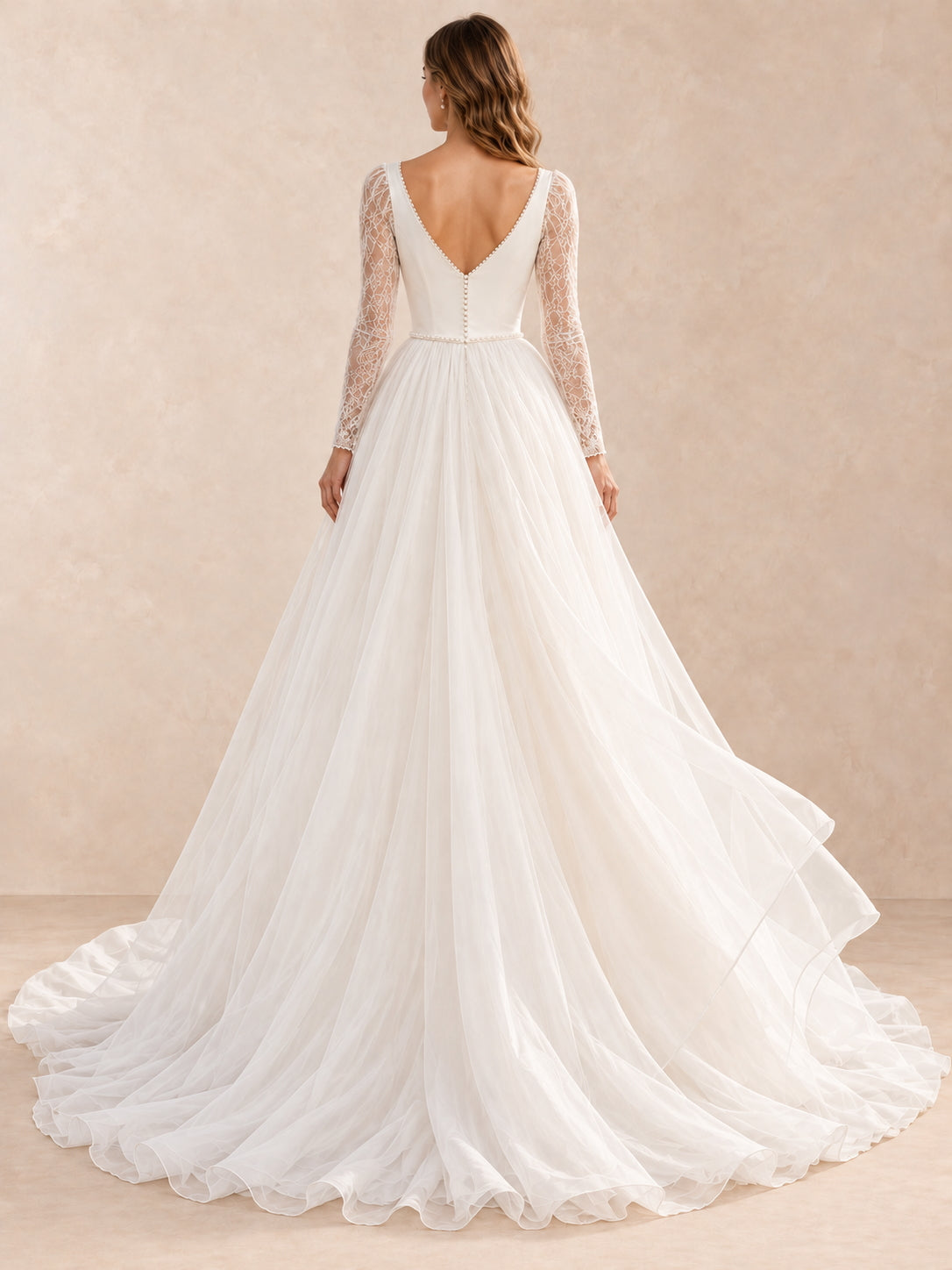 V-Neck Long Lace Sleeves A-Line Wedding Dress With Pearl-Accent