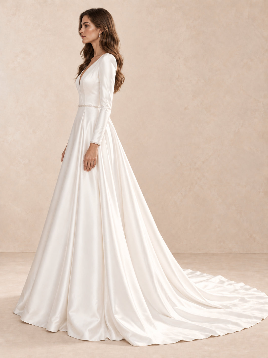 V-Neck Long Sleeves Satin Wedding Dress with Sweep Train