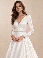 V-Neck Long Sleeves Satin Wedding Dress with Sweep Train