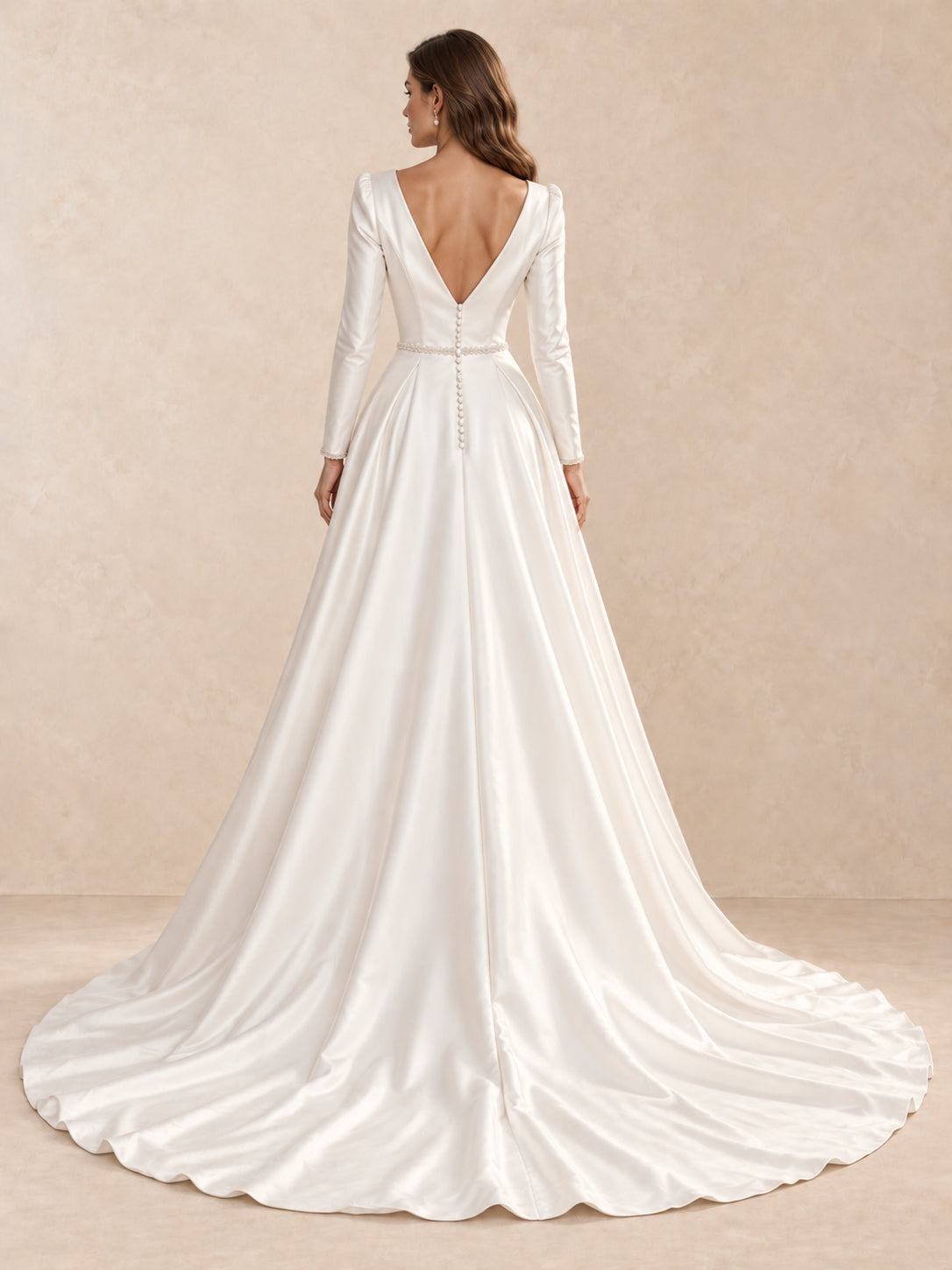 V-Neck Long Sleeves Satin Wedding Dress with Sweep Train
