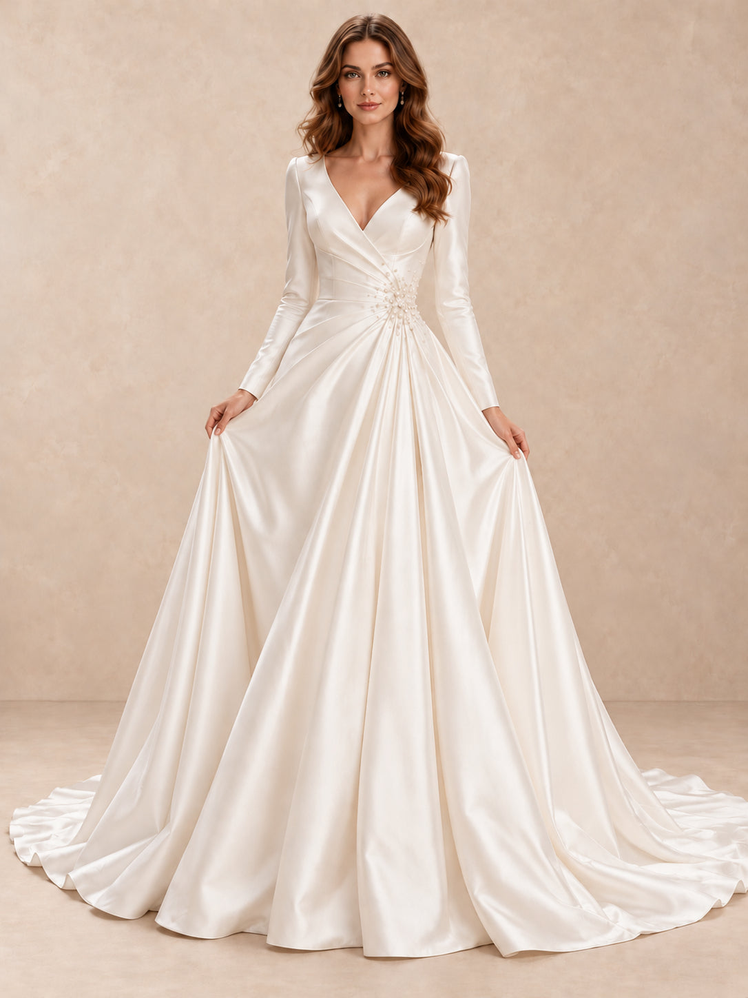 V-neck Long Sleeve Satin Ball Gown Wedding Dress With Pearl