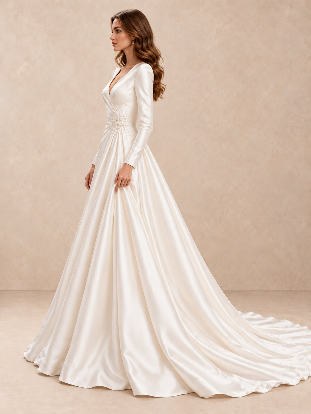 V-neck Long Sleeve Satin Ball Gown Wedding Dress With Pearl