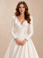 V-neck Long Sleeve Satin Ball Gown Wedding Dress With Pearl