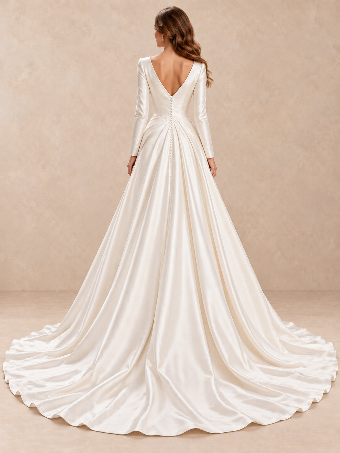V-neck Long Sleeve Satin Ball Gown Wedding Dress With Pearl