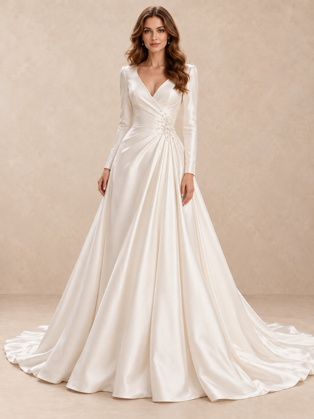 V-neck Long Sleeve Satin Ball Gown Wedding Dress With Pearl