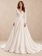 V-neck Long Sleeve Satin Ball Gown Wedding Dress With Pearl