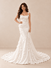 White 3D Floral Appliqué Satin Mermaid Wedding Dress with Chapel Train