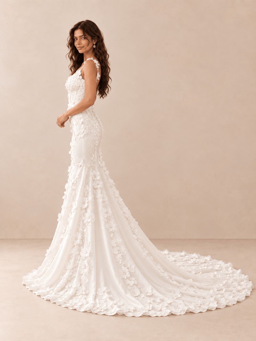 White 3D Floral Appliqué Satin Mermaid Wedding Dress with Chapel Train