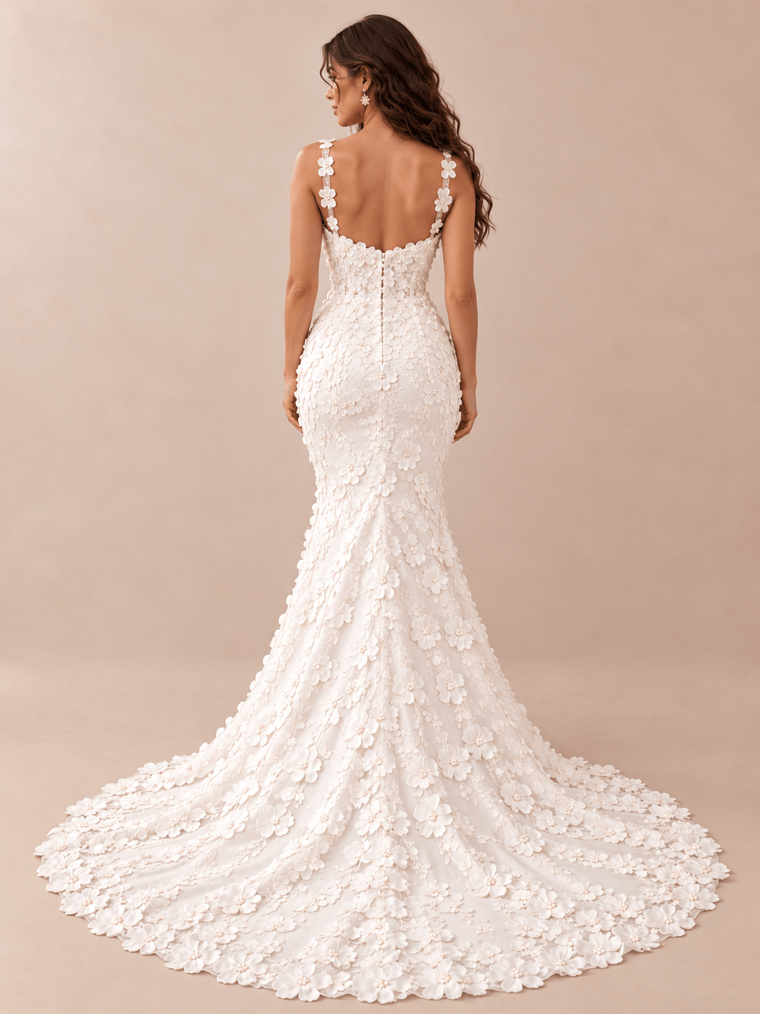 White 3D Floral Appliqué Satin Mermaid Wedding Dress with Chapel Train