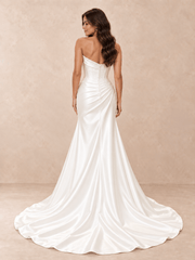 White Asymmetric Draped Mikado Satin Wedding Dress with Chapel Train