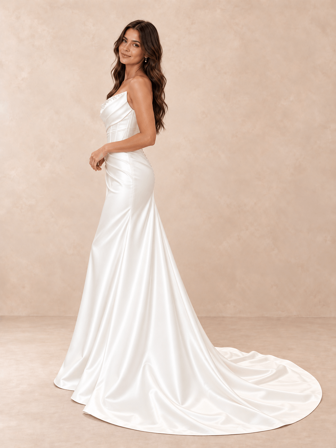 White Asymmetric Draped Mikado Satin Wedding Dress with Chapel Train