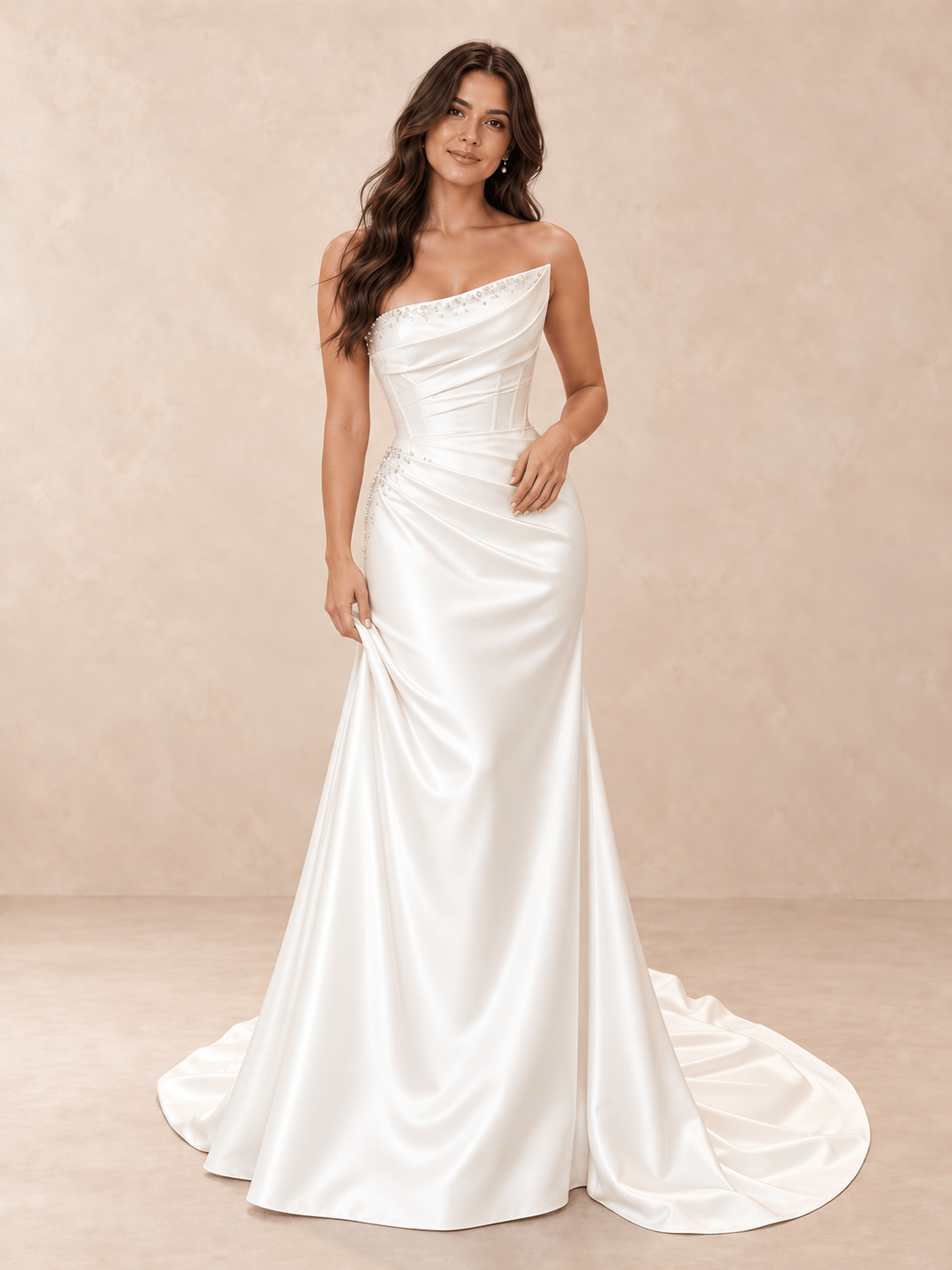 White Asymmetric Draped Mikado Satin Wedding Dress with Chapel Train
