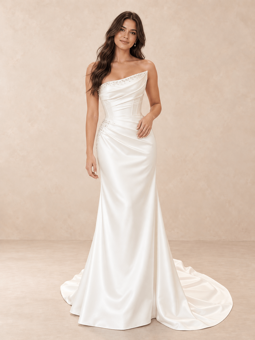 White Asymmetric Draped Mikado Satin Wedding Dress with Chapel Train