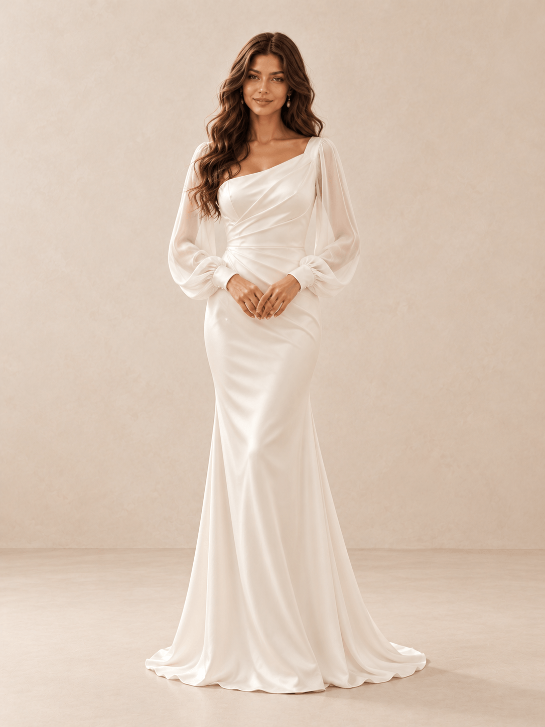 White Asymmetric Draped Satin Wedding Dress with Sheer Chiffon Sleeves