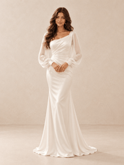 White Asymmetric Draped Satin Wedding Dress with Sheer Chiffon Sleeves