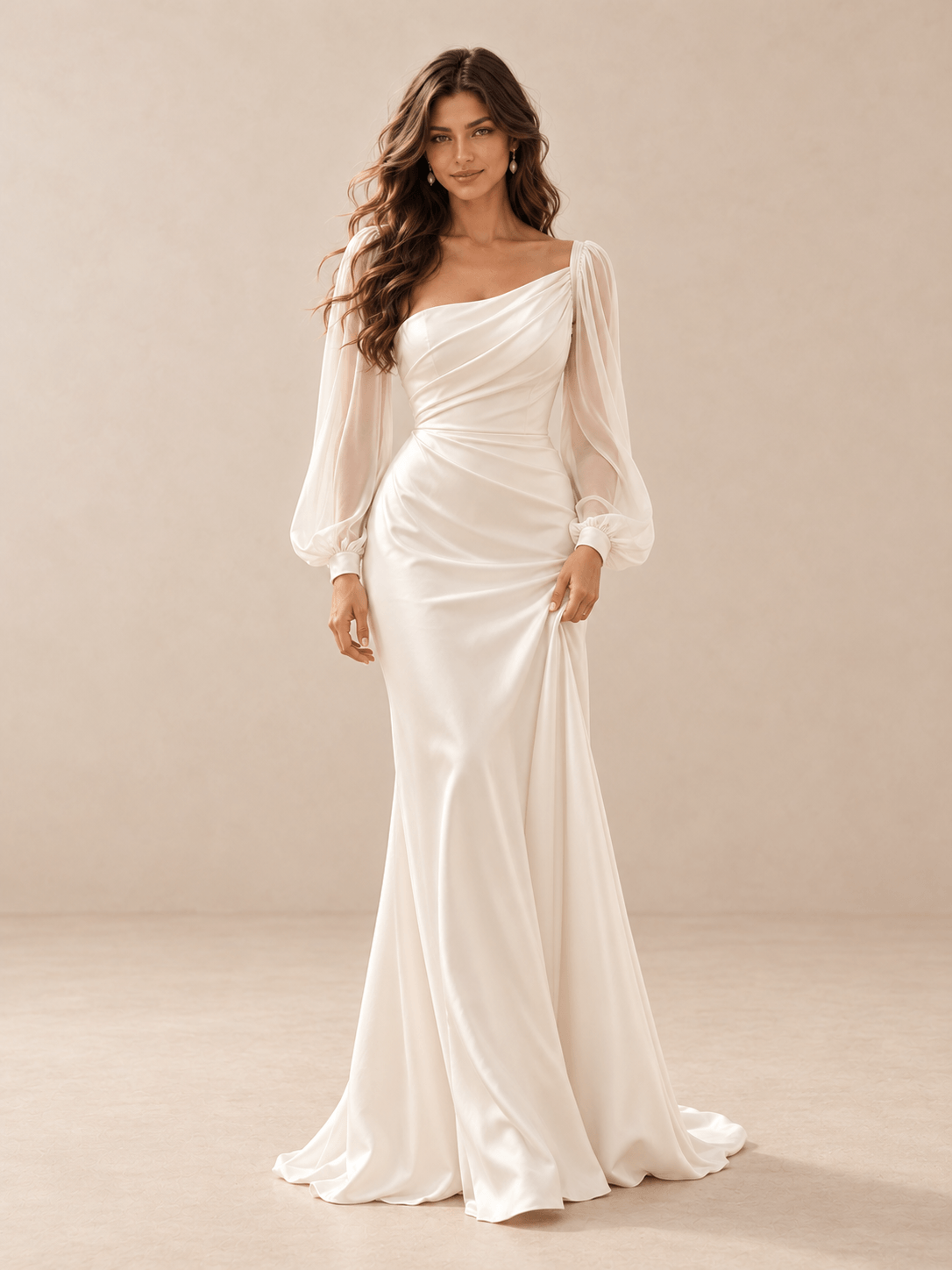 White Asymmetric Draped Satin Wedding Dress with Sheer Chiffon Sleeves