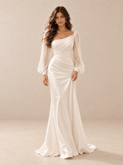 White Asymmetric Draped Satin Wedding Dress with Sheer Chiffon Sleeves