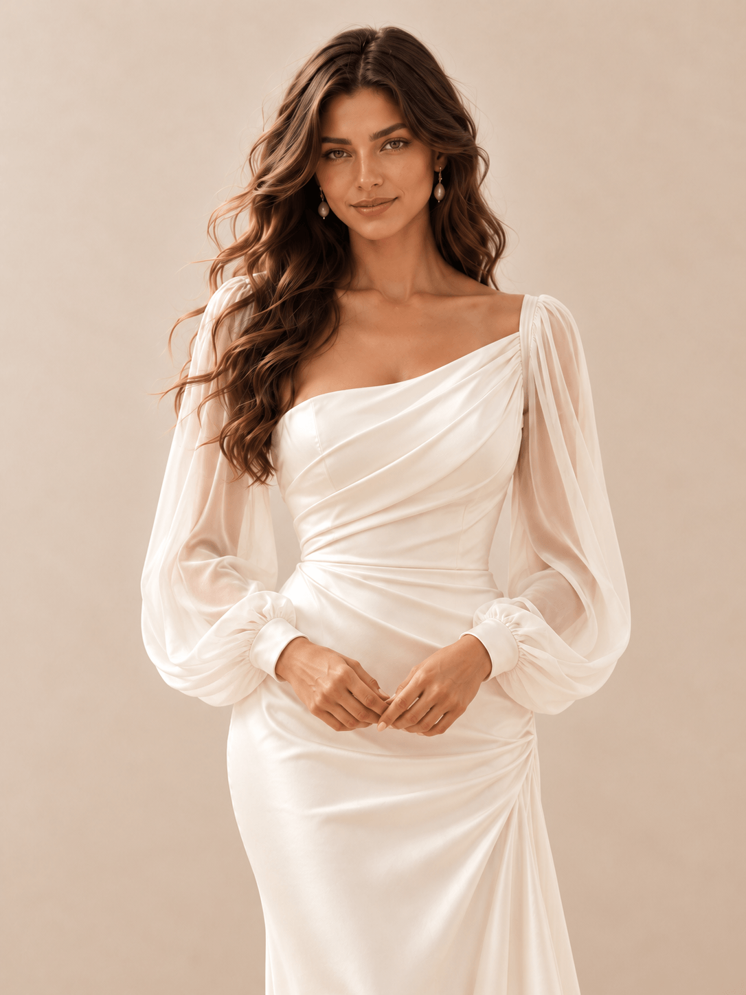 White Asymmetric Draped Satin Wedding Dress with Sheer Chiffon Sleeves