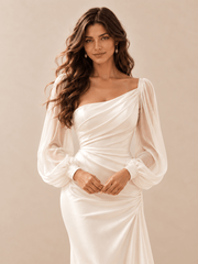 White Asymmetric Draped Satin Wedding Dress with Sheer Chiffon Sleeves