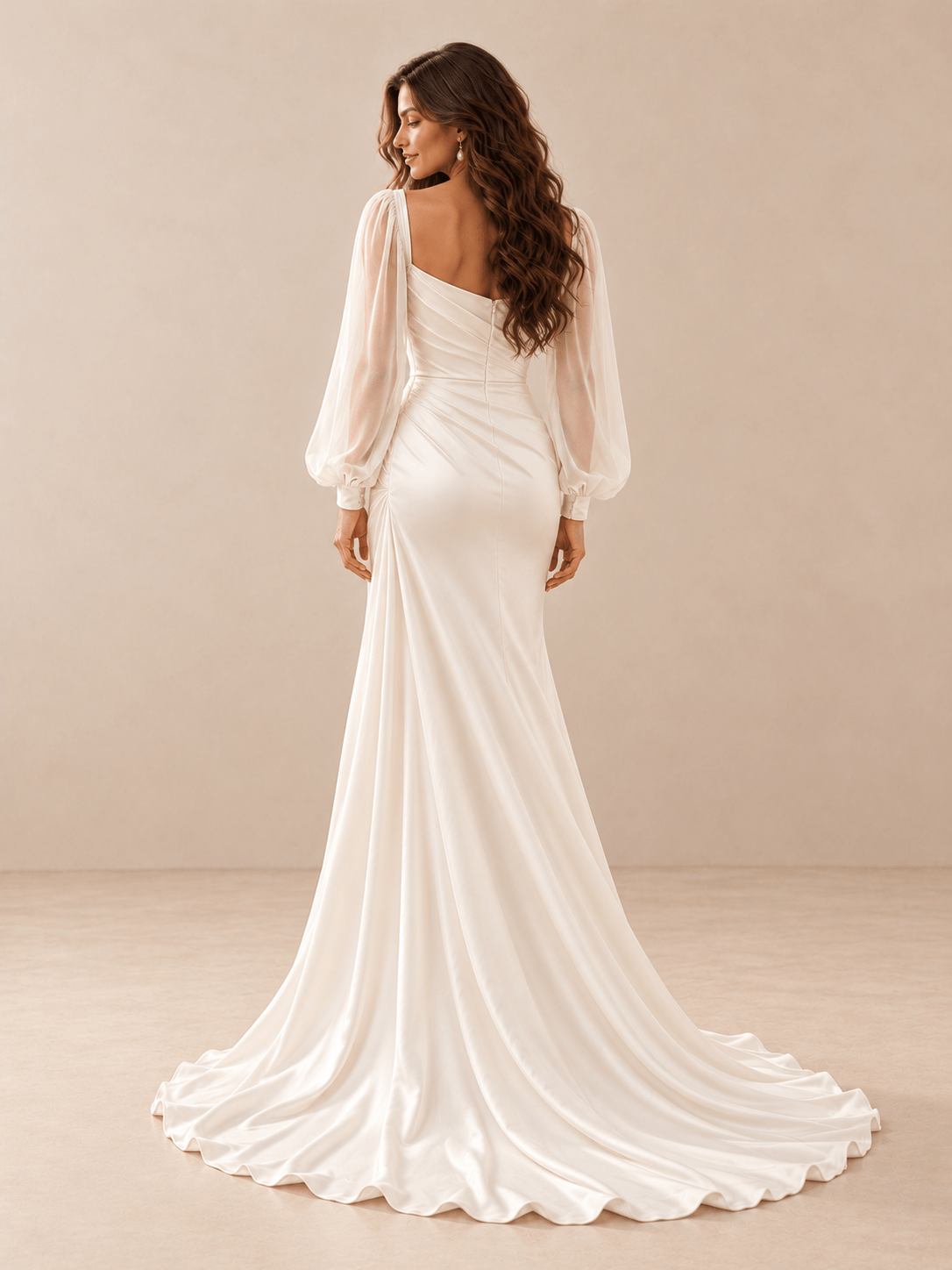 White Asymmetric Draped Satin Wedding Dress with Sheer Chiffon Sleeves
