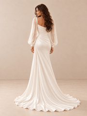White Asymmetric Draped Satin Wedding Dress with Sheer Chiffon Sleeves