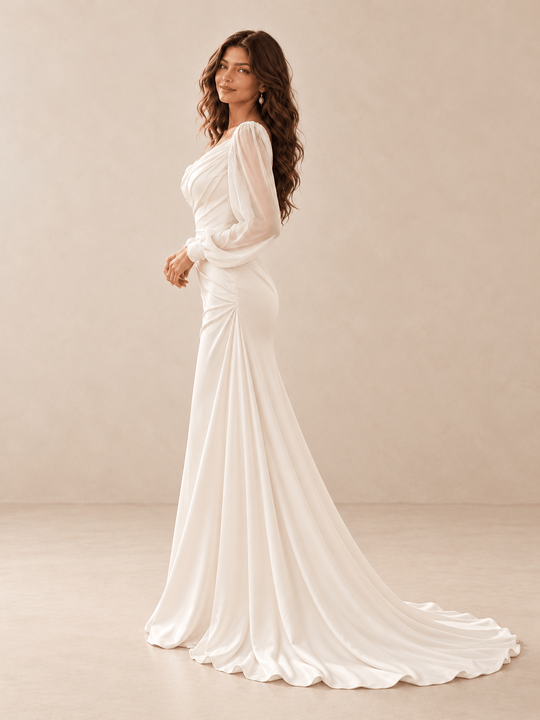 White Asymmetric Draped Satin Wedding Dress with Sheer Chiffon Sleeves