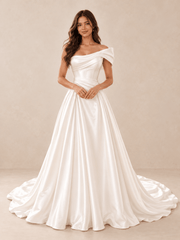 White Asymmetric Draped Satin Wedding Dress with Sweeping Train