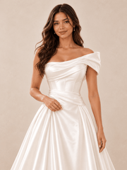 White Asymmetric Draped Satin Wedding Dress with Sweeping Train