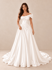 White Asymmetric Draped Satin Wedding Dress with Sweeping Train